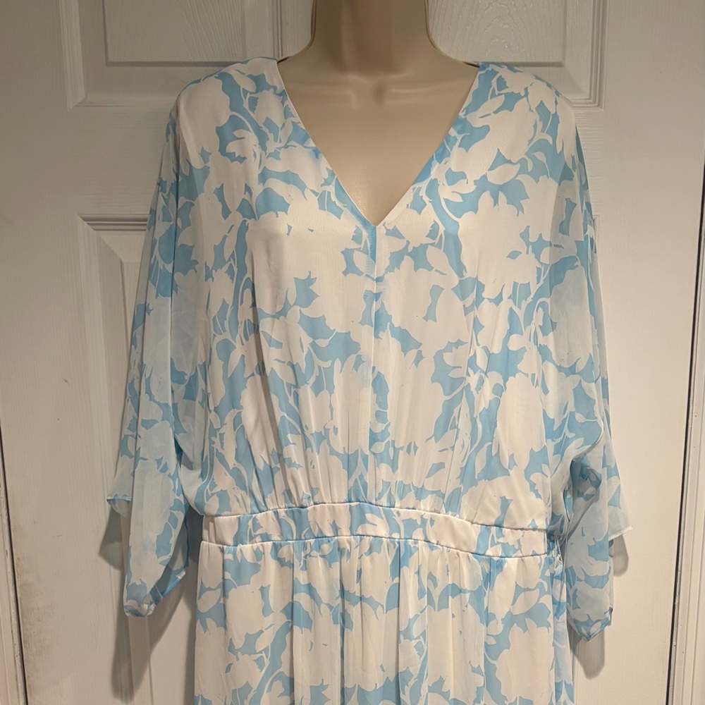 NWT Plus Size 22 Blue White Floral Maxi Dress Belted Cottagecore Resort